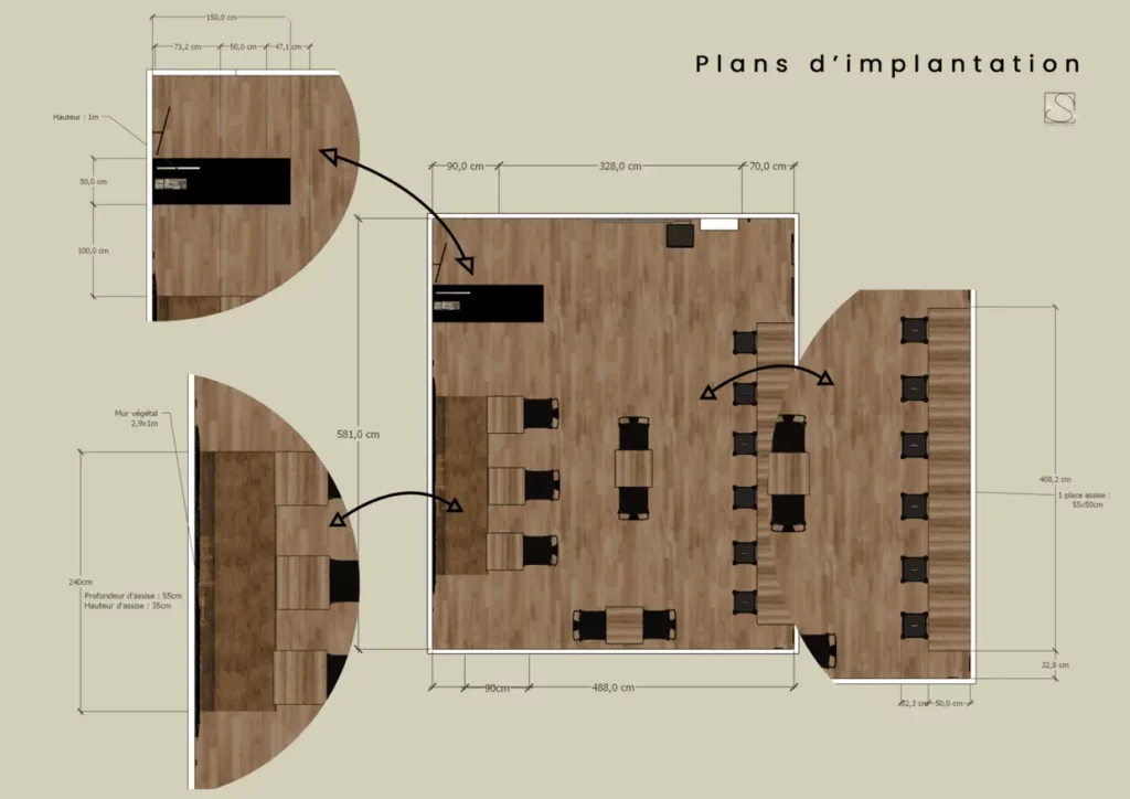 Planche regroupant les plans d'implantation du snack